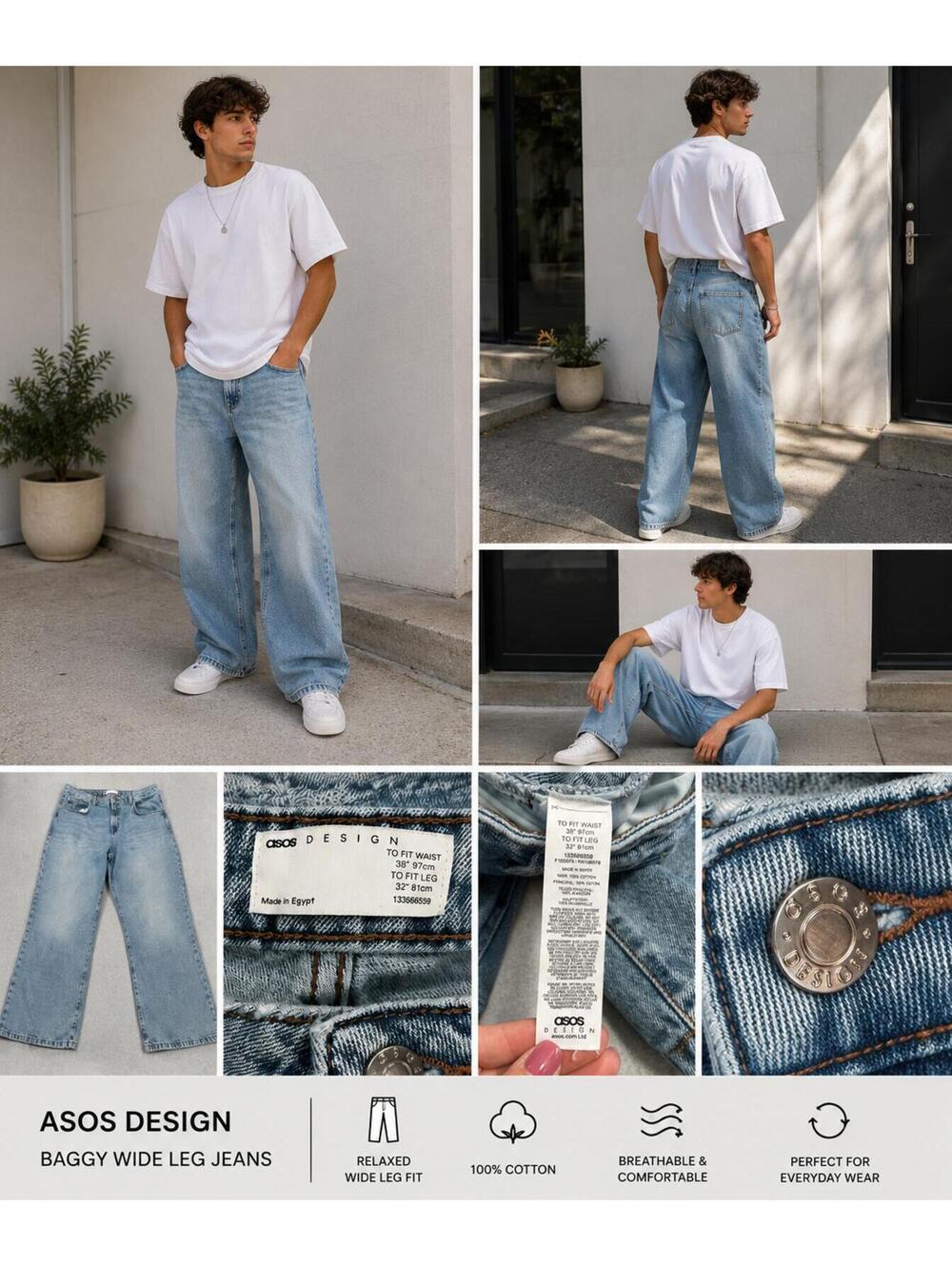 ASOS DESIGN Y2K Baggy Wide Leg Jeans Light Wash